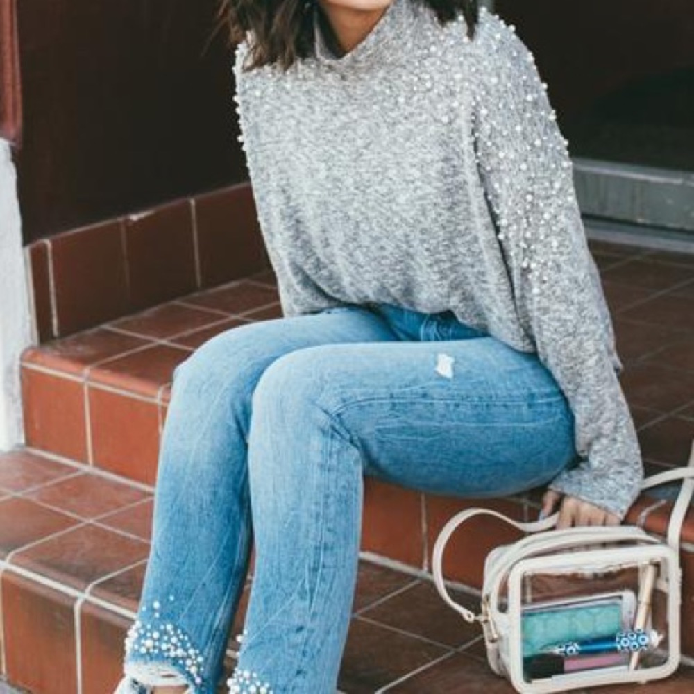 Gray sweater with pearl sleeves mock neck